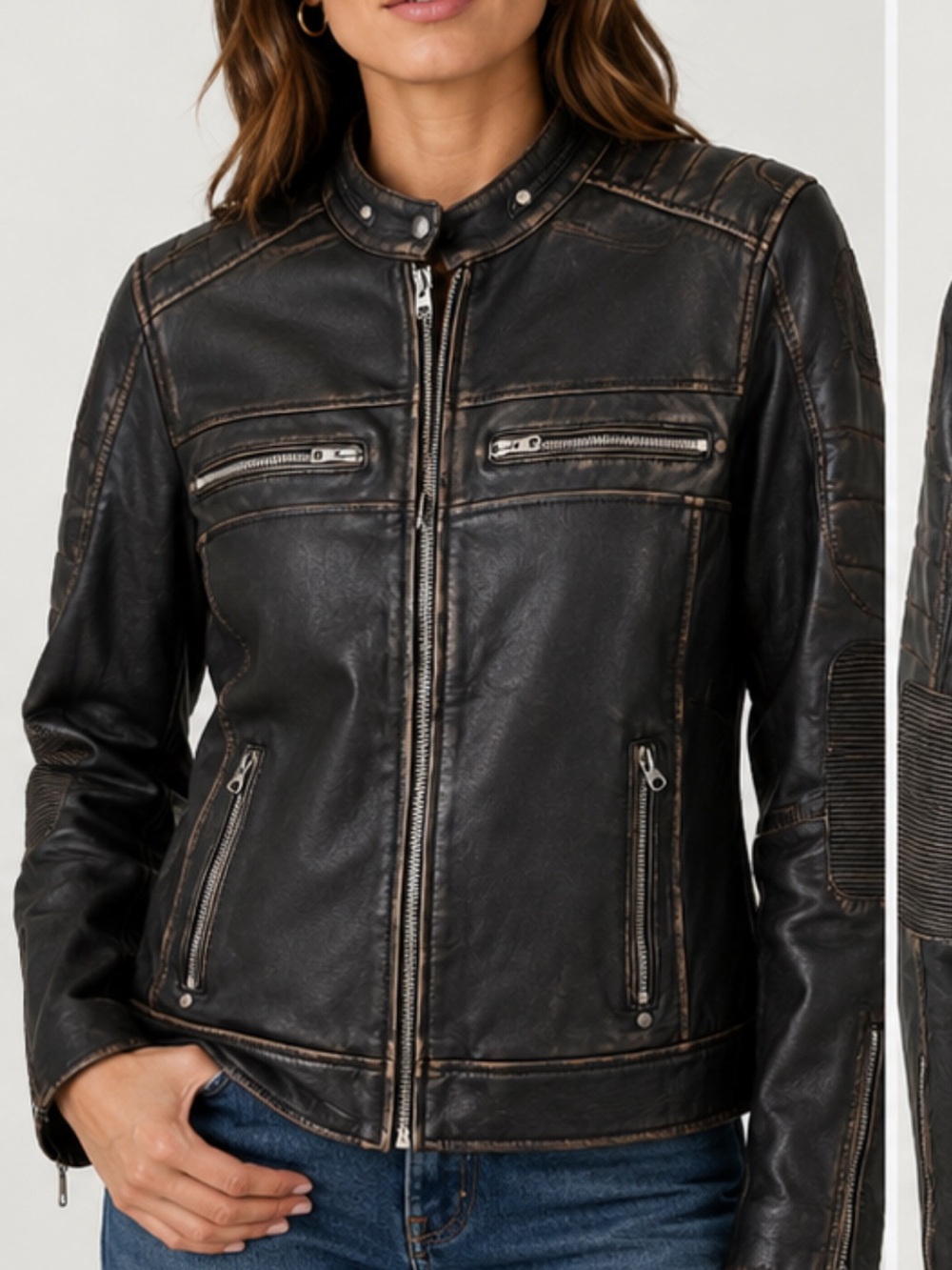 Real Leather Genuine Leather Distressed Brown Moto Racer Jacket Espresso Brown